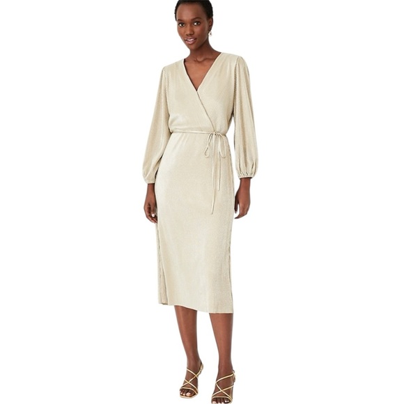 Ann Taylor | NWT | Metallic Pleated Faux Wrap Dress | XSP Petite - Picture 1 of 11